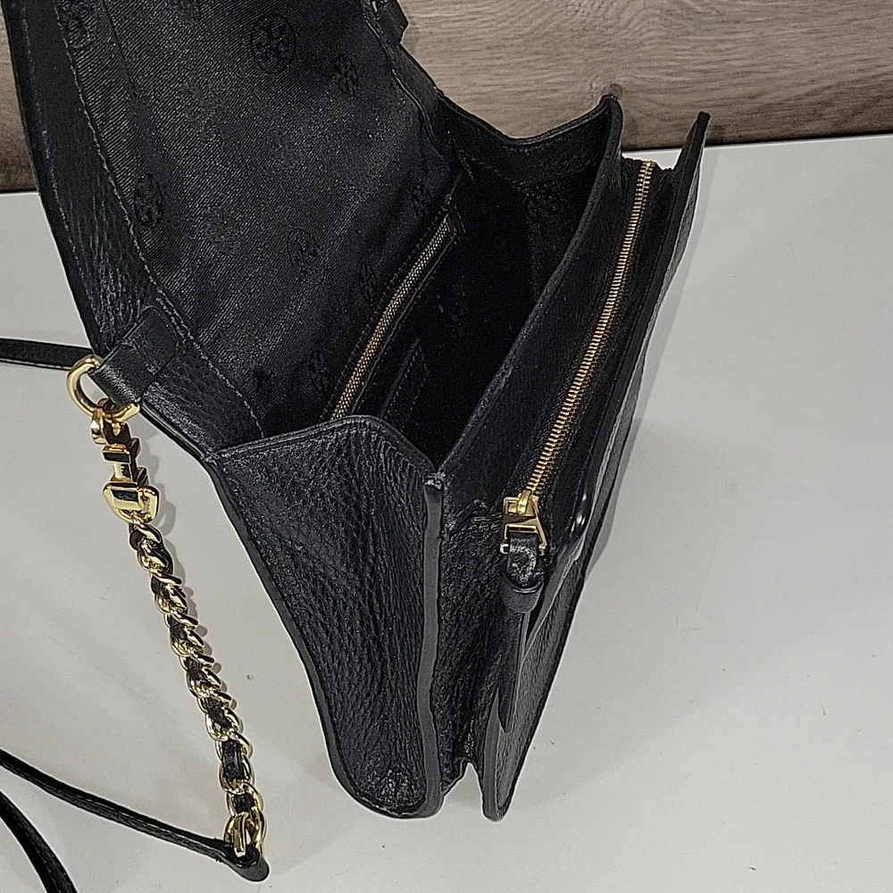 Tory Burch Black Quilted Leather Crossbody Bag with Gold Chain